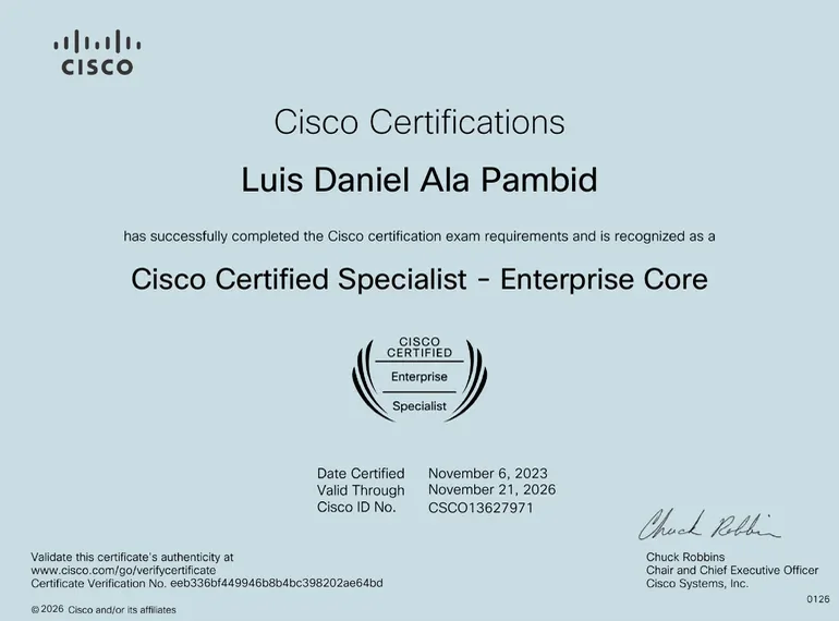 Cisco Certified Specialist - Enterprise Core certificate